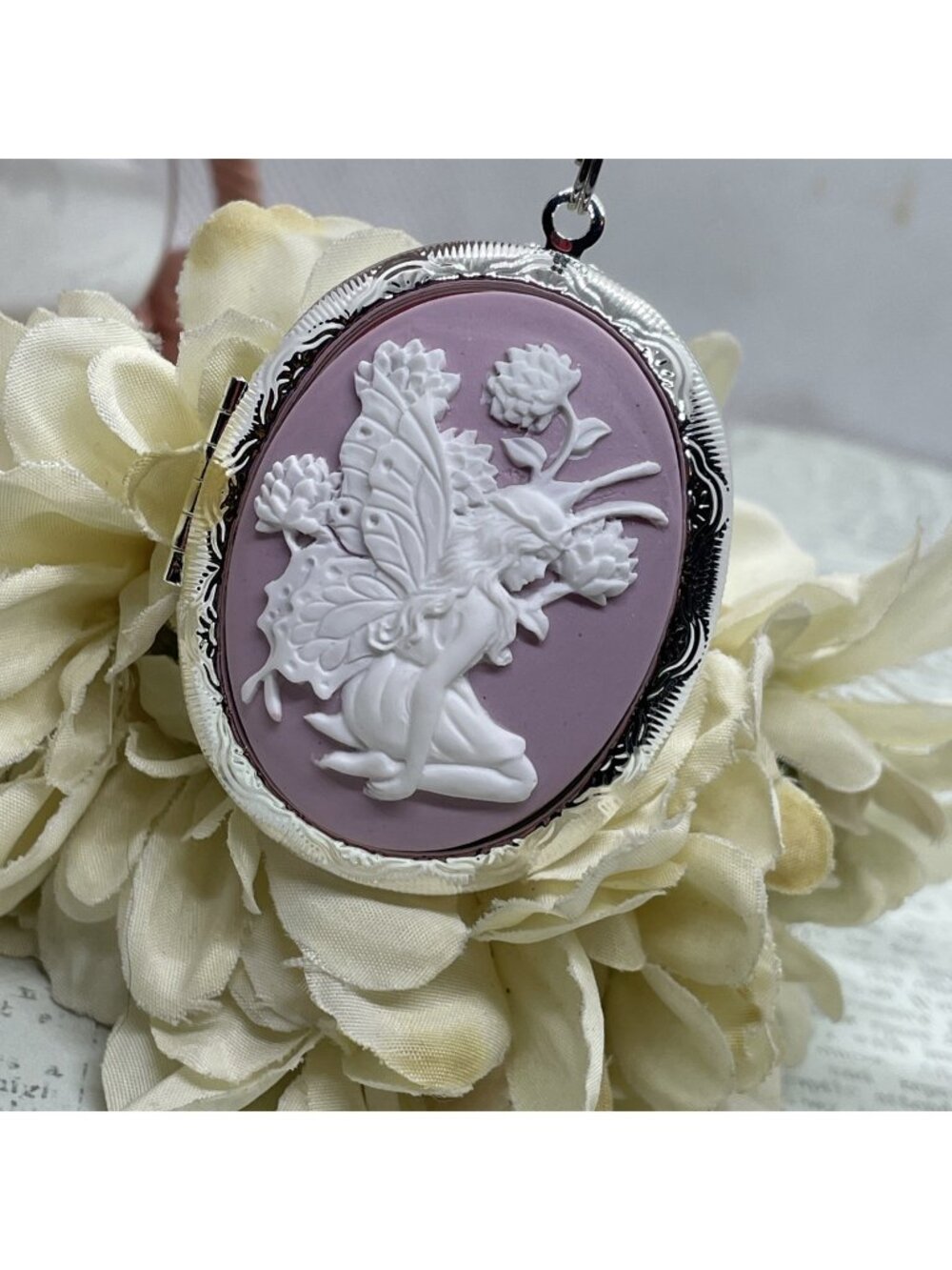 Fairy Flower Butterfly Cameo Locket Necklace anniversary birthday gift mom wife